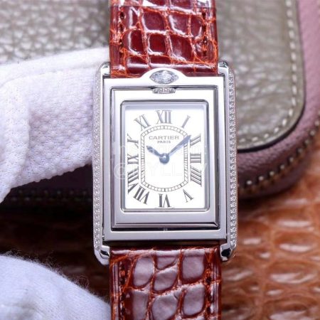 Cartier Square Dial Leather Strap Watch Reddish Brown