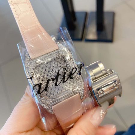 Cartier Diamond Dial Leather Strap Watch For Women Pink