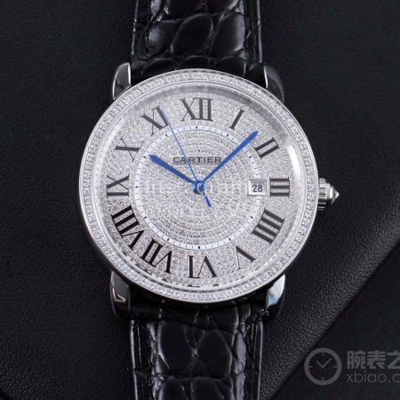 Cartier Diamond Dial Leather Strap Watch For Men Black