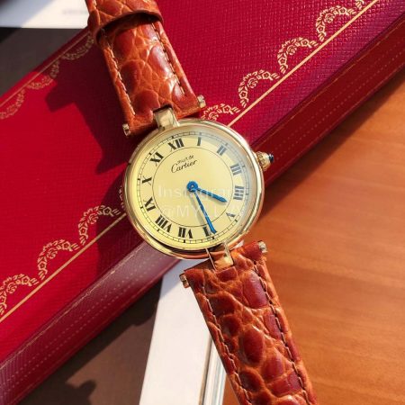 Cartier Roman Numeral Dial Leather Strap Watch Brown