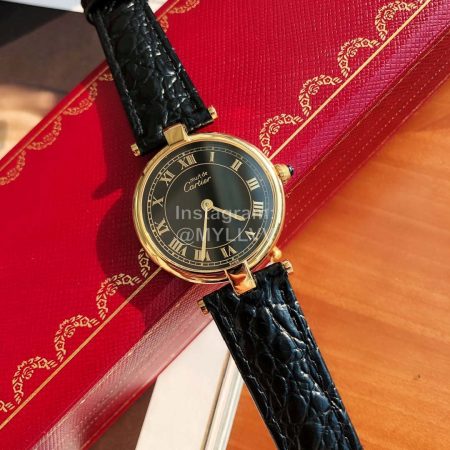 Cartier Roman Numeral Dial Leather Strap Watch Black