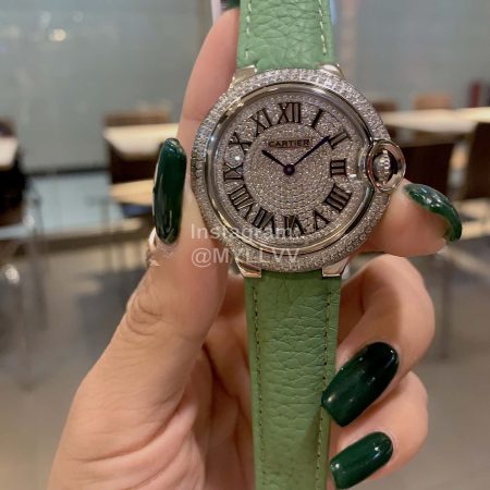 Cartier Diamond Dial Soft Sheepskin Strap Watch Green