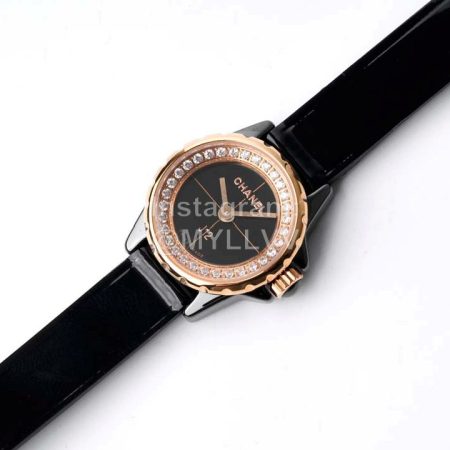 Chanel J12 Diamond Dial Black Leather Strap Watch For Women