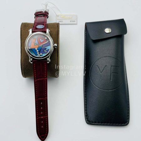 Chopard Yf Factory Letter Diamond Dial Watch For Women Wine Red