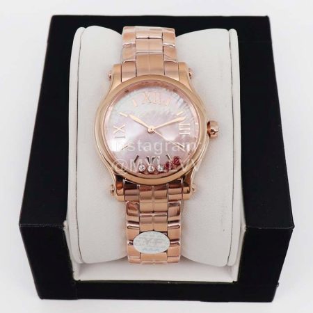Chopard New Five Diamond Dial Rose Gold Steel Strap Watch Pink