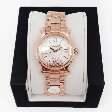 Chopard New Five Diamond Dial Rose Gold Steel Strap Watch White