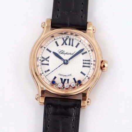 Chopard Happy Sport Series Diamond Black Leather Strap Watch