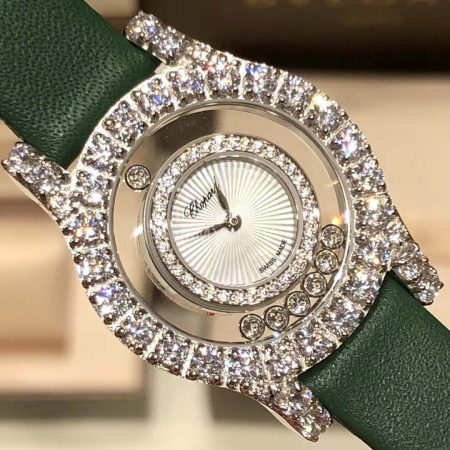 Chopard Leather Strap Happy Diamonds Watch For Women Green