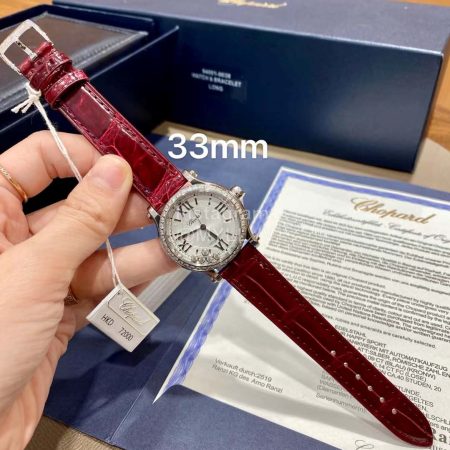 Chopard Happysport Roman Numeral Dial Leather Strap Watch Wine Red