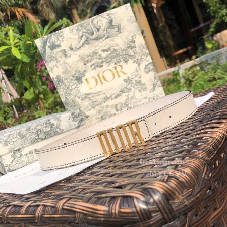 Dior White Calf Leather Retro Metal Letters Buckle 30mm Belt