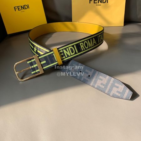 Fendi New Printed Calf Leather Canvas Pin Buckle 40mm Belt Yellow
