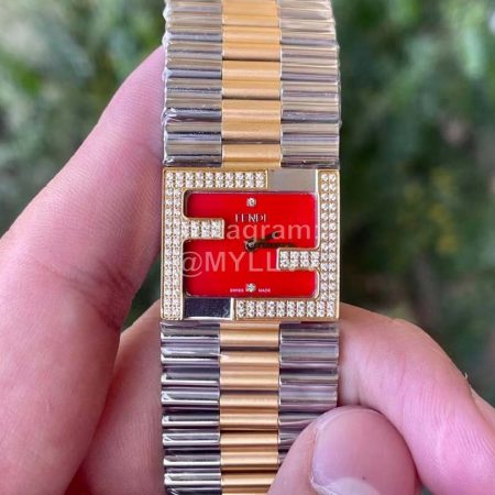 Fendi Mania Series Stainless Steel Case Square Dial Diamond Watch Red