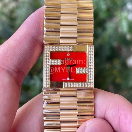 Fendi Mania Series Gold Stainless Steel Case Diamond Watch Red