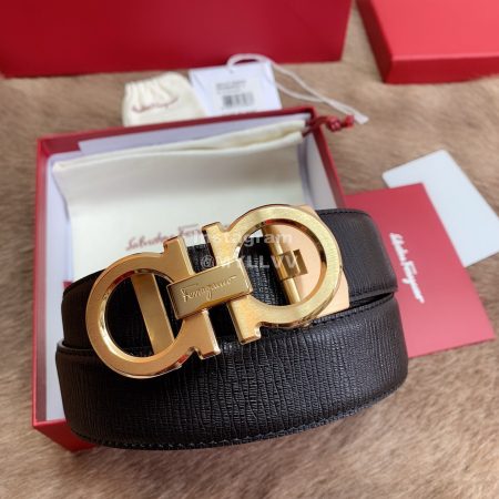 Ferragamo New Black Embossed Cowhide Pure Copper Buckle 35mm Belt For Men