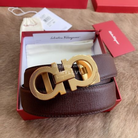 Ferragamo Wine Red Embossed Cowhide Pure Copper Gold Buckle 35mm Belt For Men