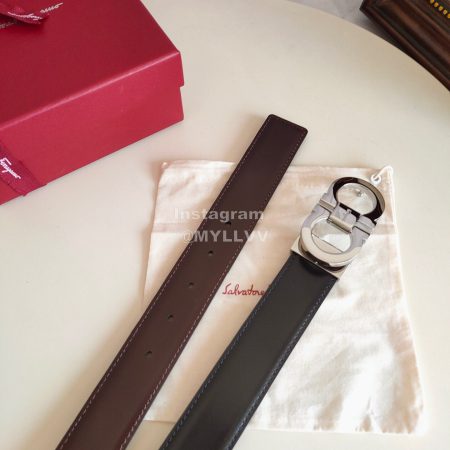 Ferragamo Fashion Black Calf Leather Silver Buckle 35mm Belt For Men