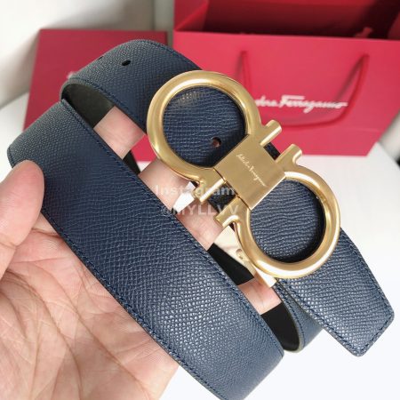 Ferragamo New Cowhide Electroplated Gold Buckle 35mm Belt For Men Blue
