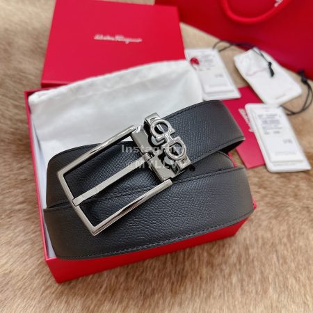 Ferragamo Fashion Calf Leather Gun Color Pure Copper Pin Buckle 35mm Belt