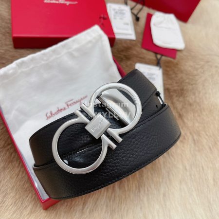 Ferragamo Fashion Calf Leather Pure Copper Silver Pin Buckle 35mm Belt