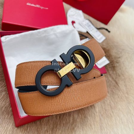 Ferragamo Fashion Calf Leather Pure Copper Buckle 35mm Belt Tan