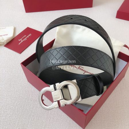 Ferragamo Plaid Cowhide Pure Copper Silver Buckle 35mm Belt