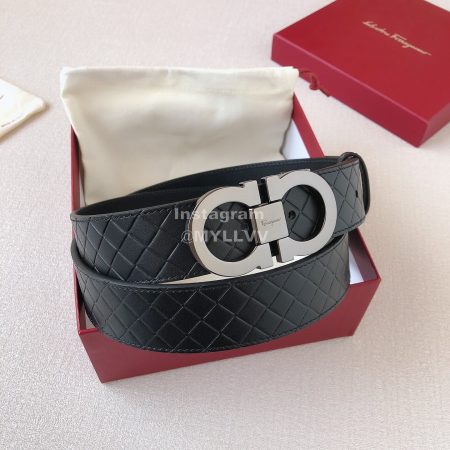 Ferragamo Plaid Cowhide Pure Copper Gun Color Buckle 35mm Belt