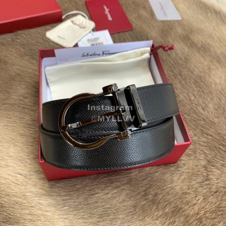 Ferragamo New Calf Leather Pure Copper Black Pin Buckle 35mm Belt