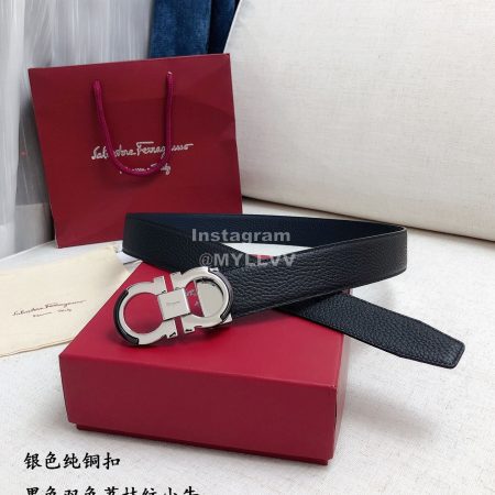 Ferragamo New Calf Leather Pure Copper Silver Gancini Buckle 35mm Belt