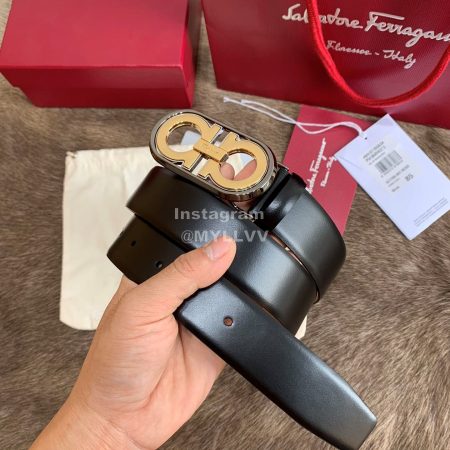 Ferragamo New Calf Leather Pure Copper Gold Buckle 35mm Belt