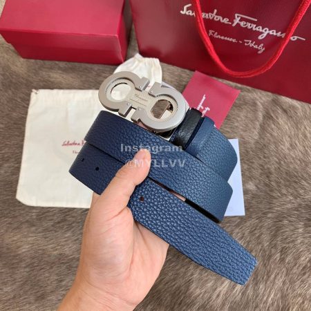 Ferragamo New Calf Leather Pure Copper Buckle 35mm Belt Blue