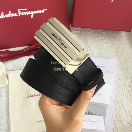 Ferragamo New Calf Leather Pure Copper Silver Square Buckle 35mm Belt