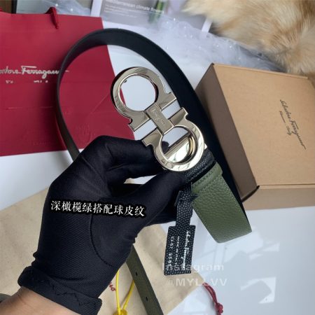 Ferragamo New Calf Leather Pure Copper Buckle Green Belt