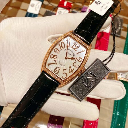Franck Muller Roman Numeral Dial Leather Strap Quartz Watch Black