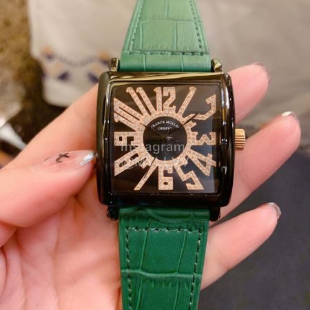 Franck Muller Square Dial Leather Strap Watch For Women Green