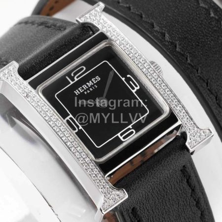 Hermes Heure H Double Jeu Diamond Leather Strap Watch Black