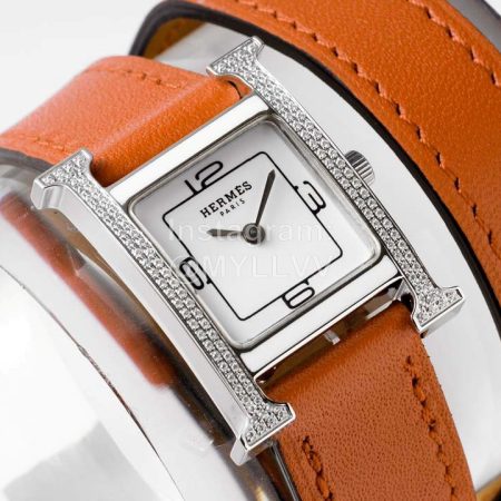 Hermes Heure H Double Jeu Diamond Leather Strap Watch Brown