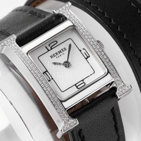Hermes Heure H Double Jeu Diamond Black Leather Strap Watch
