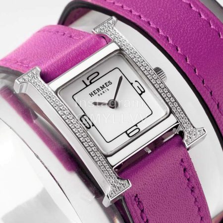 Hermes Heure H Double Jeu Diamond Leather Strap Watch Purple