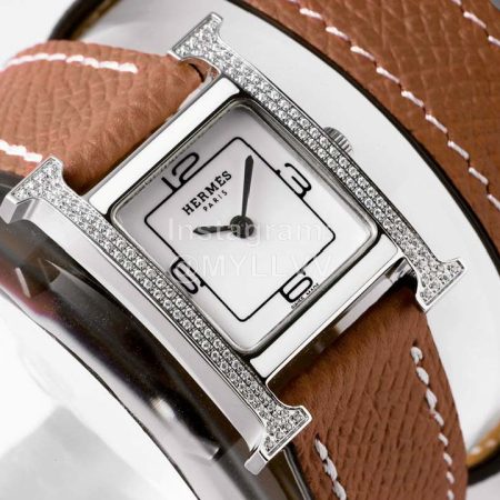 Hermes Heure H Double Jeu Fashion Diamond Leather Strap Watch Brown