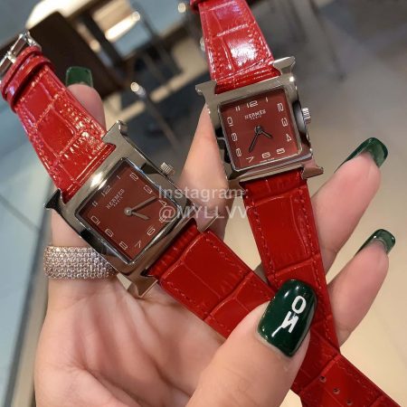 Hermes Heure H 316 Fine Steel Square Dial Leather Strap Watch Red