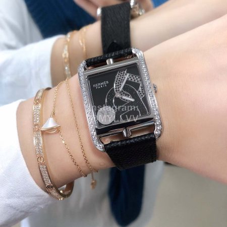 Hermes Silver Square Fine Steel Case Watch Black