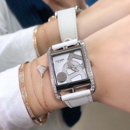 Hermes Silver Square Fine Steel Case Watch White