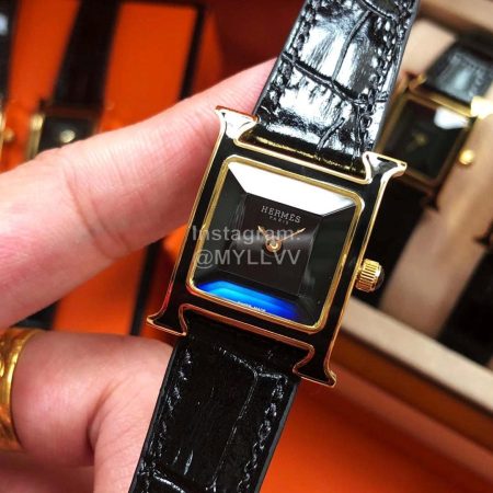 Hermes Heure H Black Lacquer Dial Black Leather Strap Watch