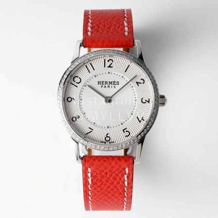 Slim D’Hermes Baton Pointer Leather Strap Watch Red