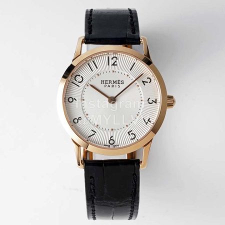 Slim D’Hermes Baton Pointer Black Leather Strap Watch