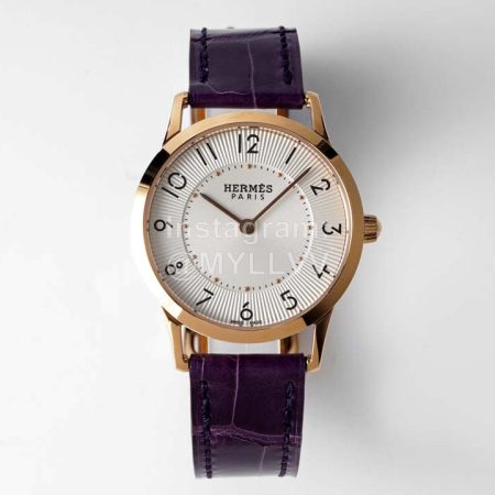 Slim D’Hermes Baton Pointer Leather Strap Watch Purple