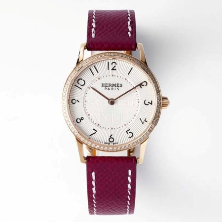 Slim D’Hermes Baton Pointer Leather Strap Watch Wine Red