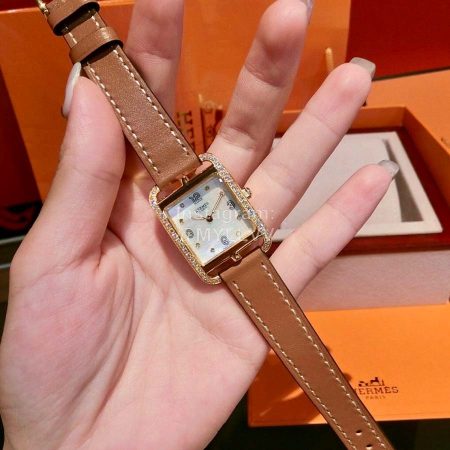 Hermes Nantucket Series Square Dial Leather Strap Diamond Watch