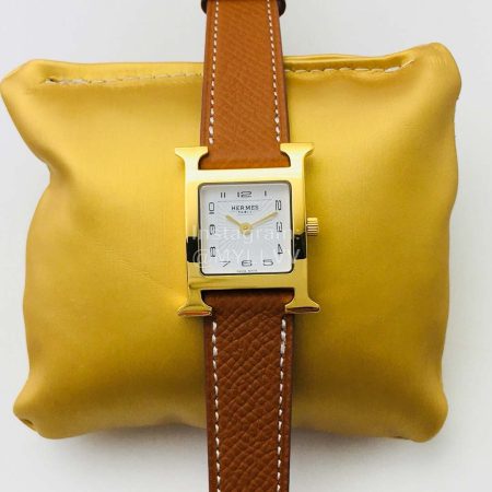 Hermes Hr Factory Heure H Series Square Dial Brown Leather Strap Watch