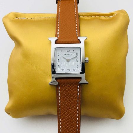 Hermes Hr Factory Fine Steel Case Square Dial Brown Leather Strap Watch